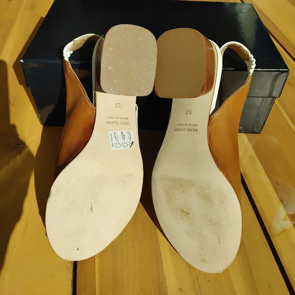 NIB Calpierre Italian Color Block Tan/White Slingback Pump Sandals. 37, 7 - Picture 3 of 7